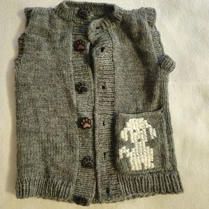 Handmade Gray Knit Vest with Dog Design and Paw Buttons